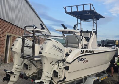 Orcat 4800 fishing boat, rear side profile view