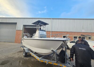 Orcat 4800 fishing boat, front side profile view